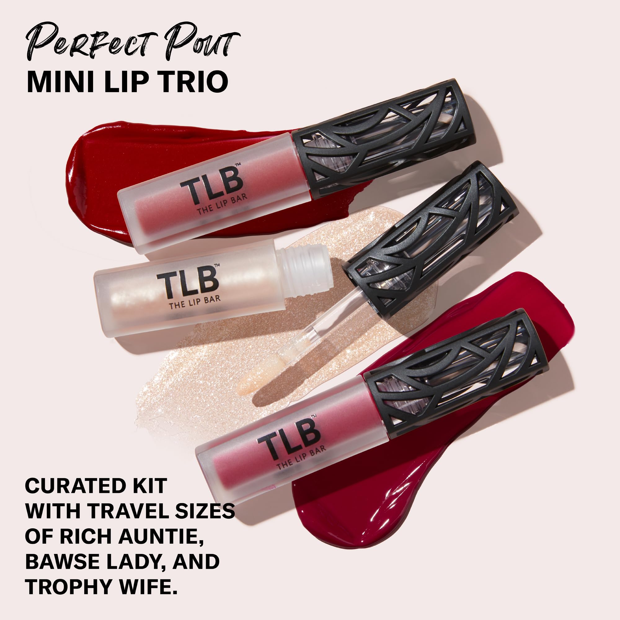 The Lip Bar Perfect Pout Mini Lip Trio kit, travel-sized for easy on-the-go color.