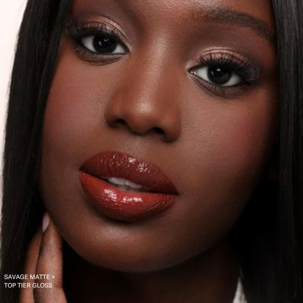 Close-up gloss layer over Savage base provides high-shine possibility.