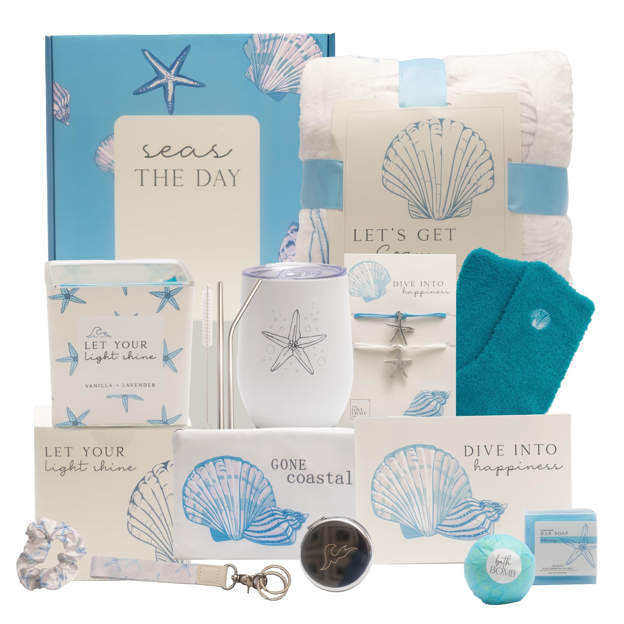 The Love Crate Co ocean-theme gift box offers coastal self-care inspiration for her