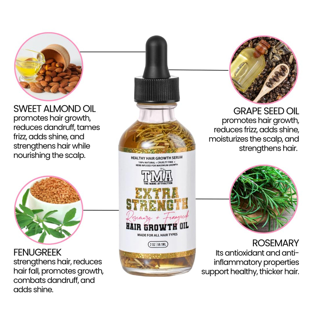 The Mane Attraction rosemary-fenugreek oil applications close-up shows use for hair strength.