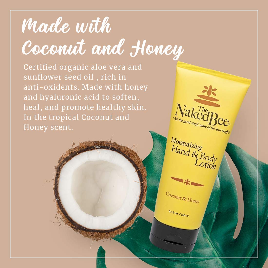 The Naked Bee coconut-honey lotion back label shows ingredients and cruelty-free promise.