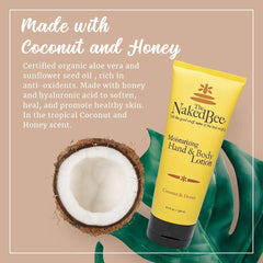 The Naked Bee coconut-honey lotion back label shows ingredients and cruelty-free promise.