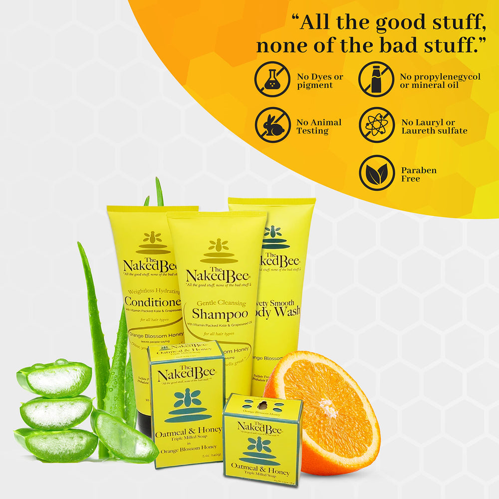 The Naked Bee ingredients image shows sunflower oil, shea butter, and beeswax for soft, protected hands.