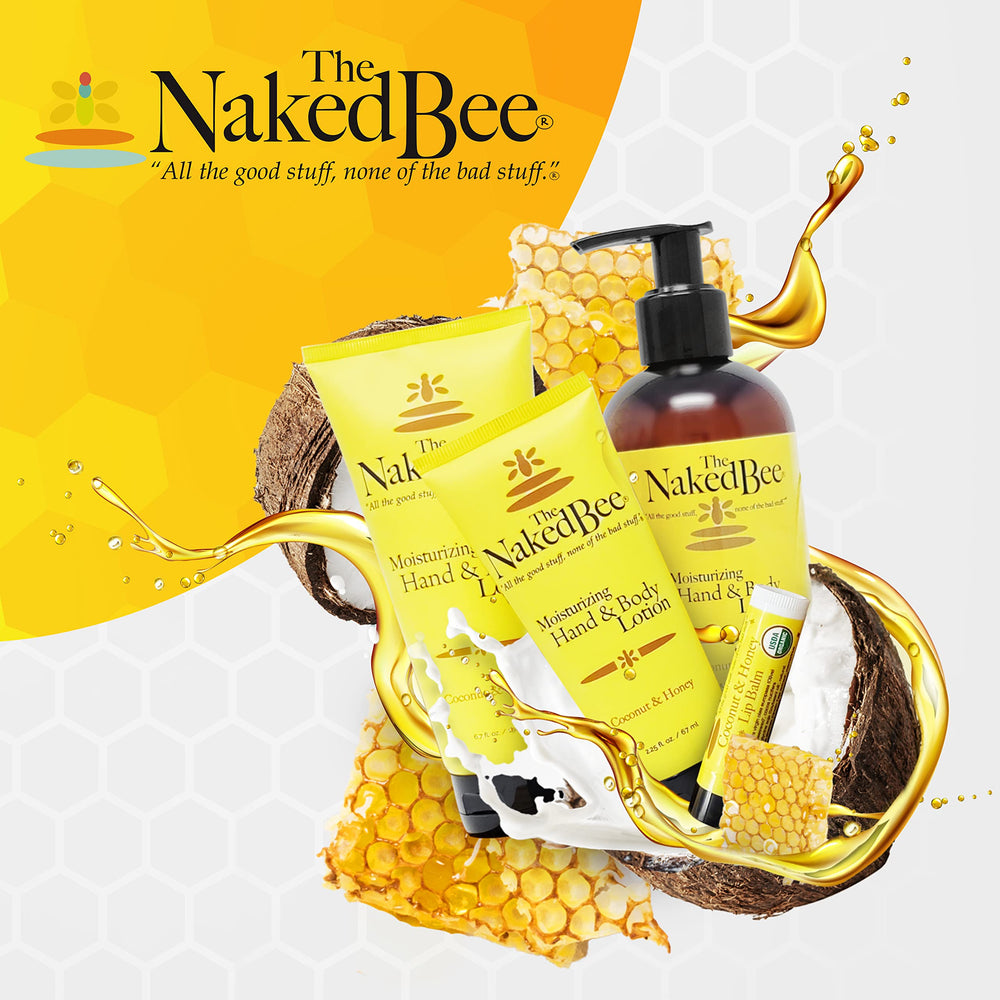 Ingredients hero showing organic aloe vera and honey in The Naked Bee lotion