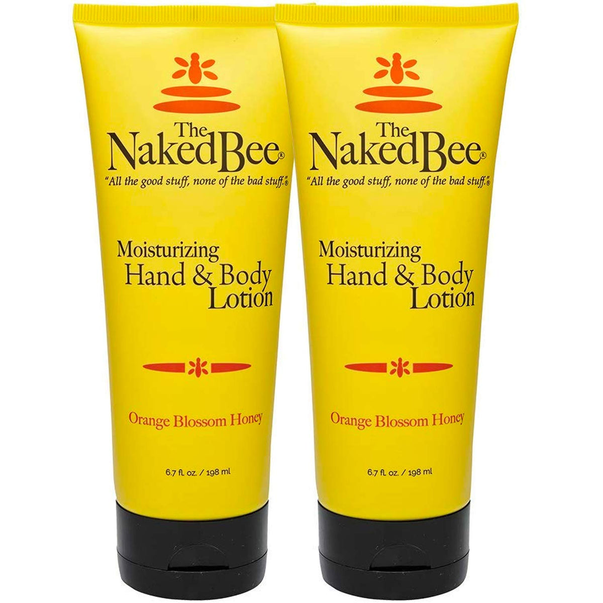 The Naked Bee Orange Blossom Honey hand and body lotion two-pack front view softens dry skin.