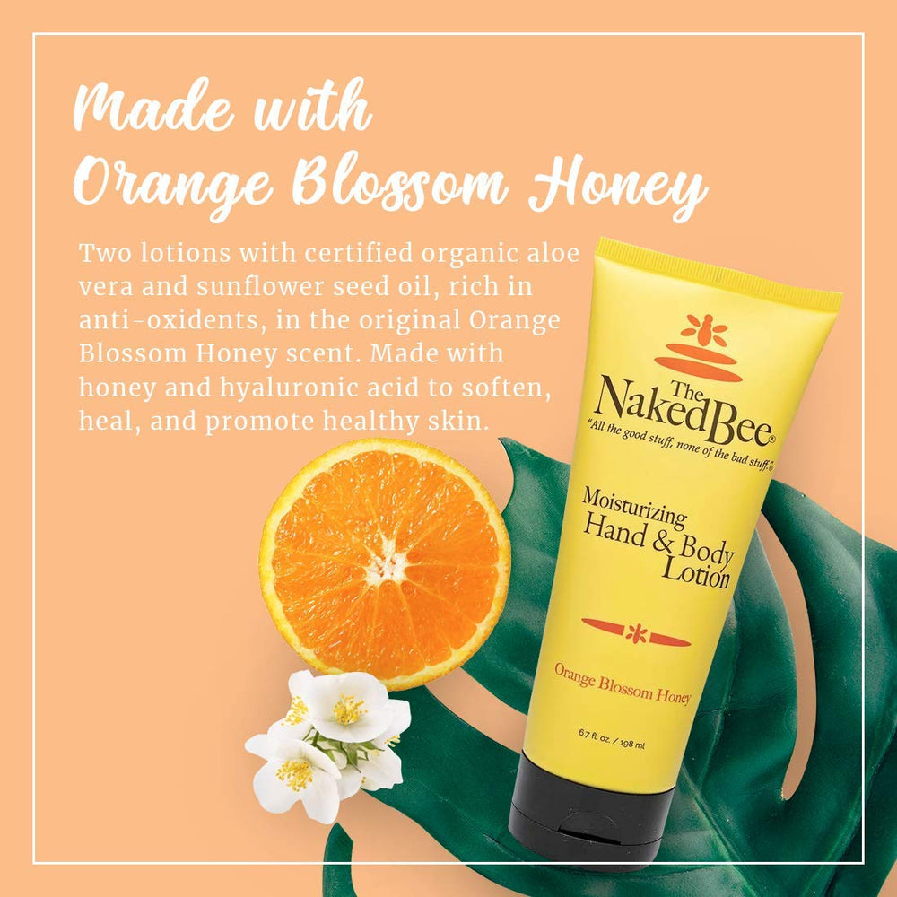 The Naked Bee Orange Blossom Honey hand lotion bottle pump for easy application and lasting moisture.