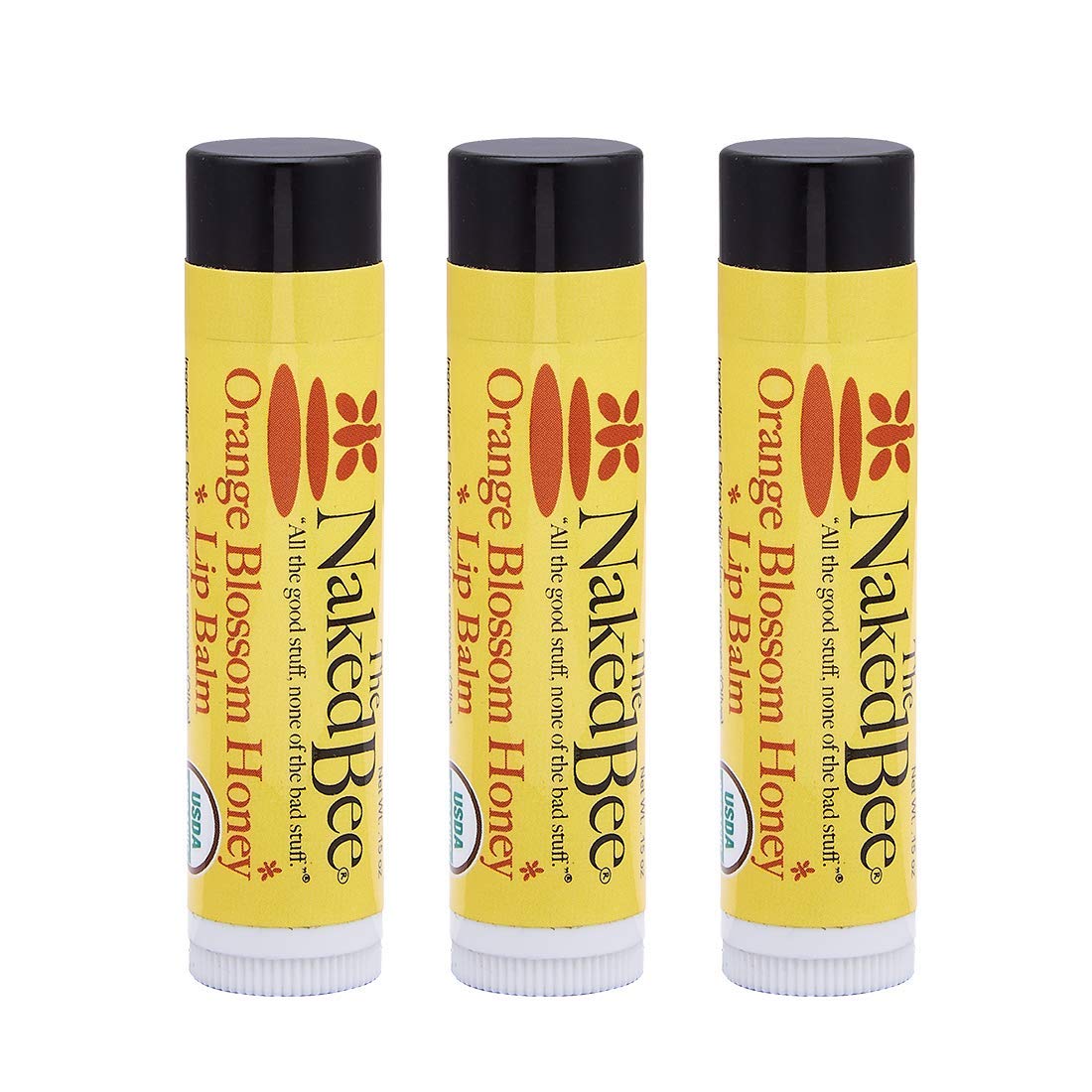 The Naked Bee Organic Orange Blossom Honey lip balm 3-pack - front view with soft, protective moisture.