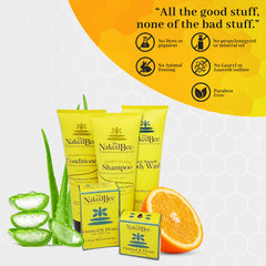 The Naked Bee sunscreen ingredients close-up features aloe and sunflower oil for hydration.