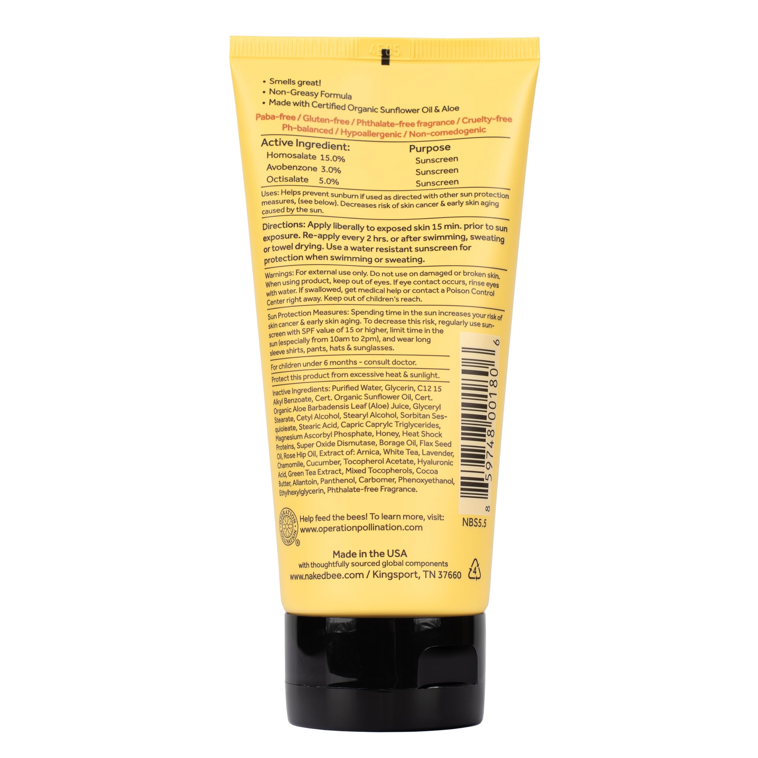 The Naked Bee sunscreen texture close-up shows smooth, lotion-like application.