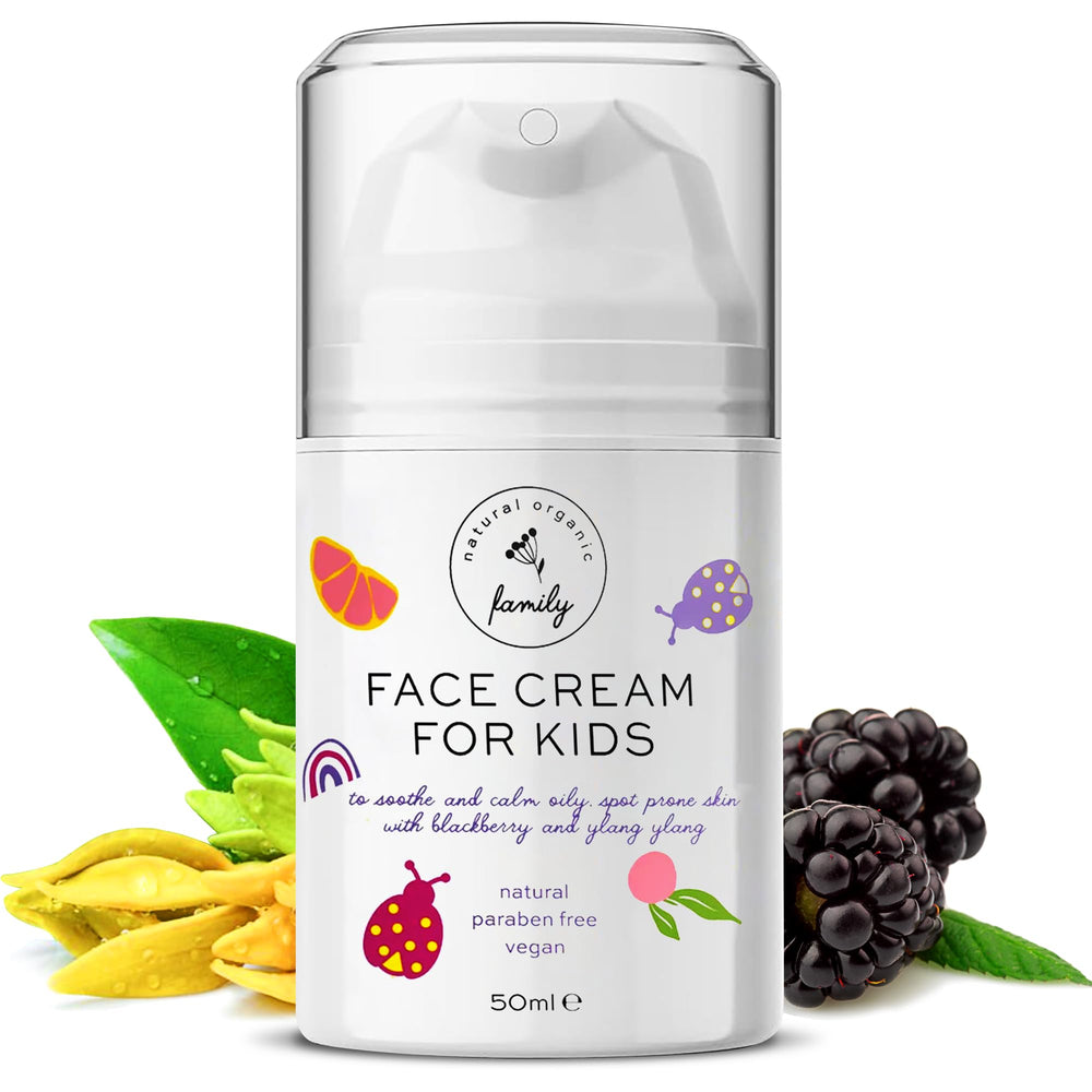 The Natural and Organic Family Gentle Face Cream label—kid-safe packaging for daily nourishment.