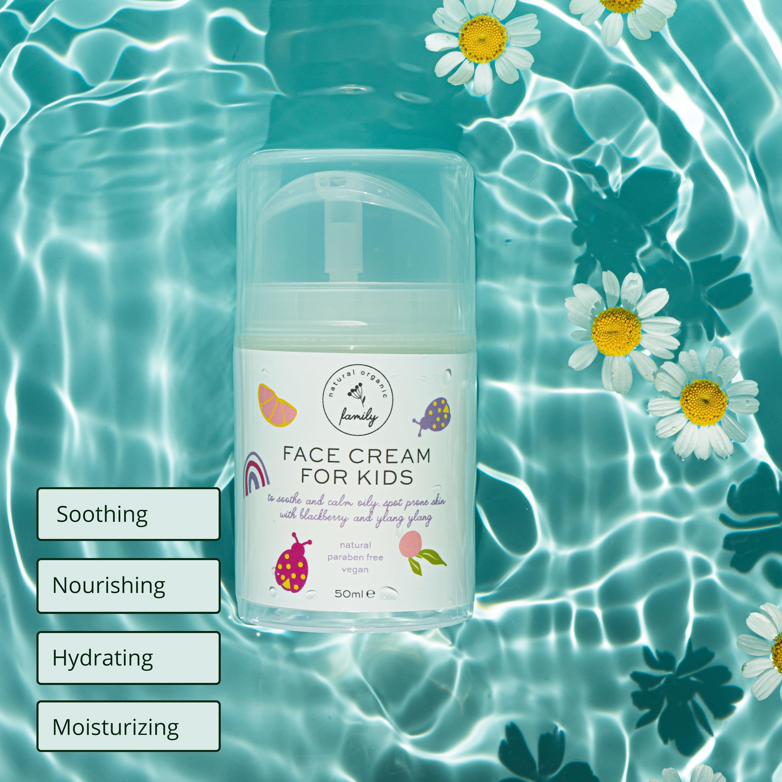The Natural and Organic Family Gentle Face Cream pump dispense—easy, mess-free application for busy mornings.
