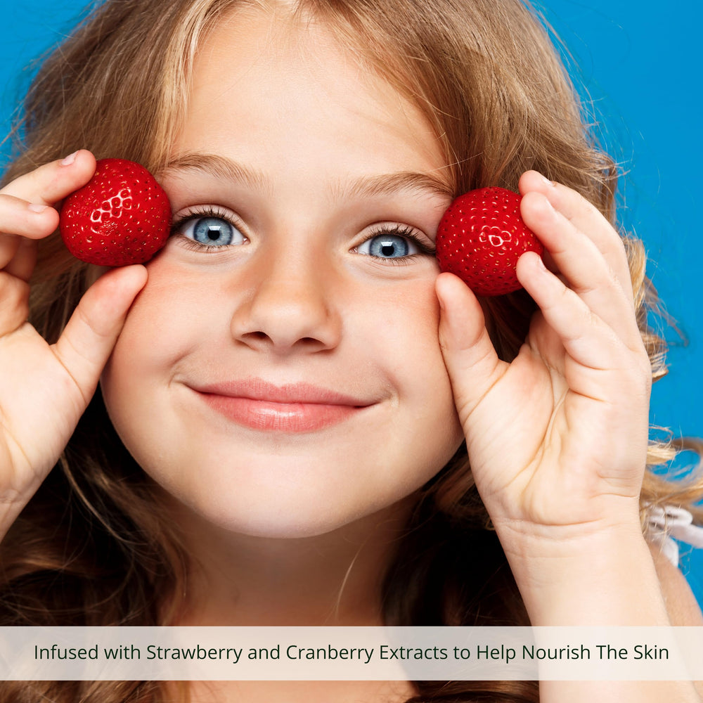 The Natural and Organic Family Gentle Face Cream strawberry extracts—soothing aroma and calming care.