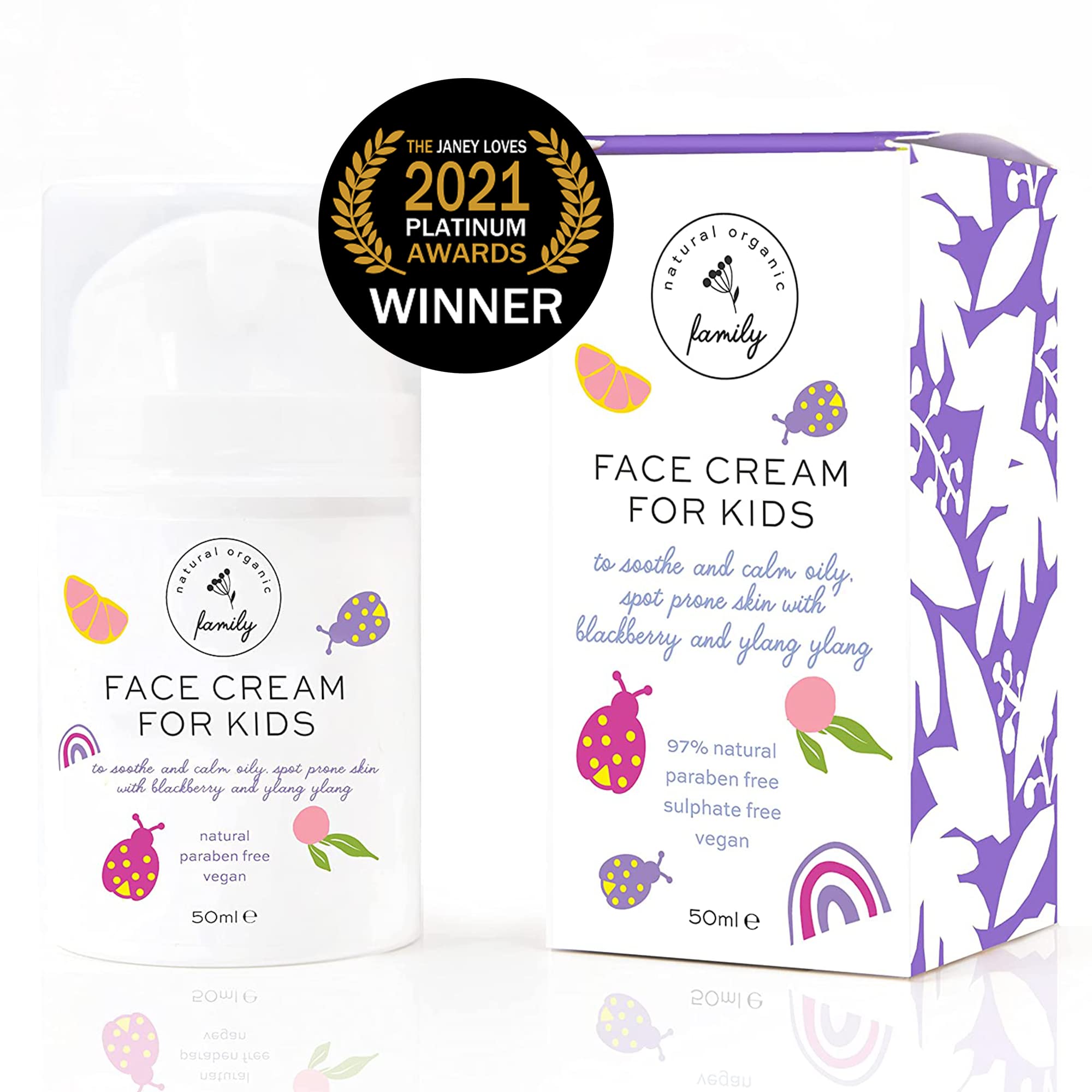The Natural and Organic Family Gentle Face Cream vitamin E hyaluronic acid—hydration and antioxidant support.