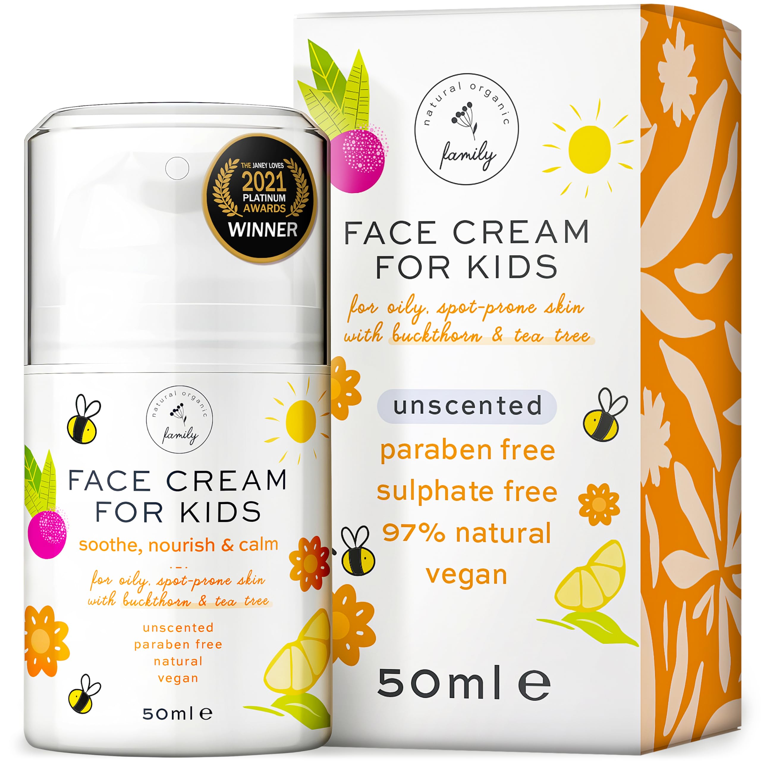 The Natural and Organic Family Kids Face Cream bottle front shows fragrance-free hydration for sensitive skin.