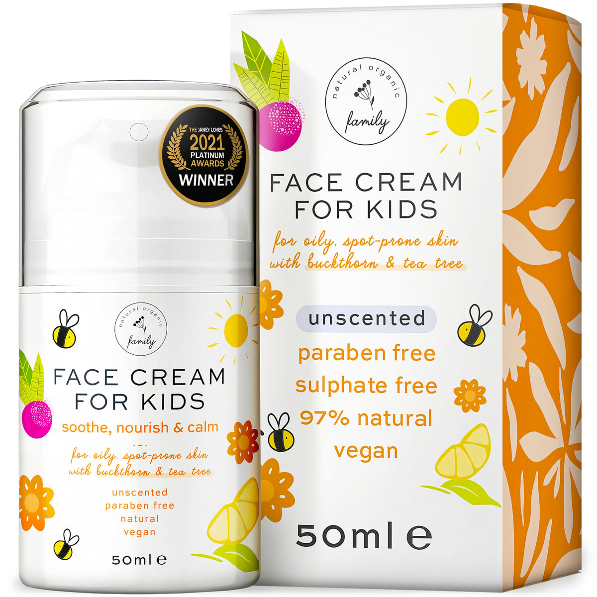 The Natural and Organic Family Kids Face Cream bottle front shows fragrance-free hydration for sensitive skin.