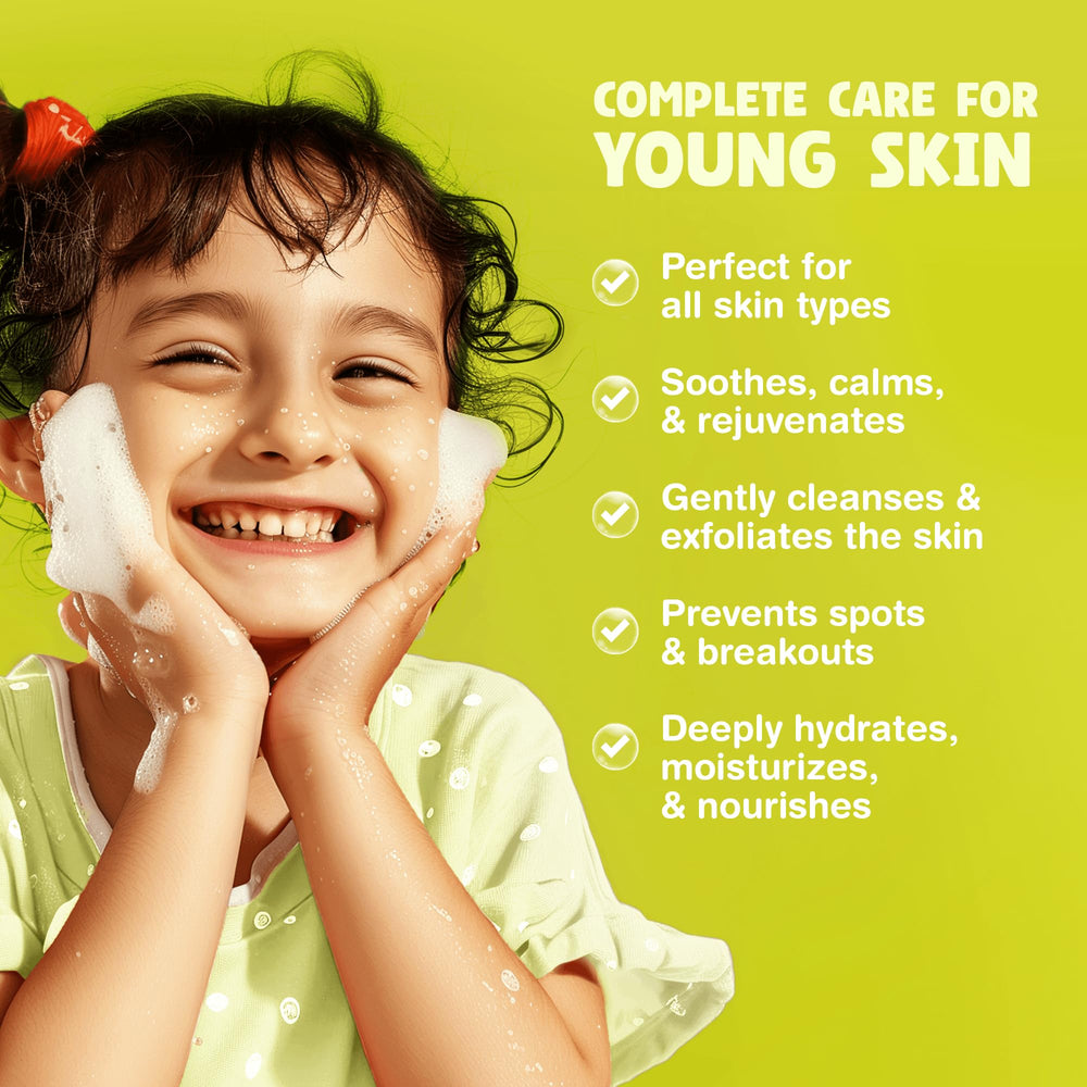 The Natural and Organic Family Kids Foaming Face Wash aloe-vera inset highlights soothing, hydrating relief.