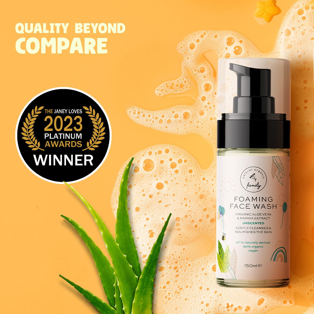 The Natural and Organic Family application foam delivers gentle cleansing during busy mornings.