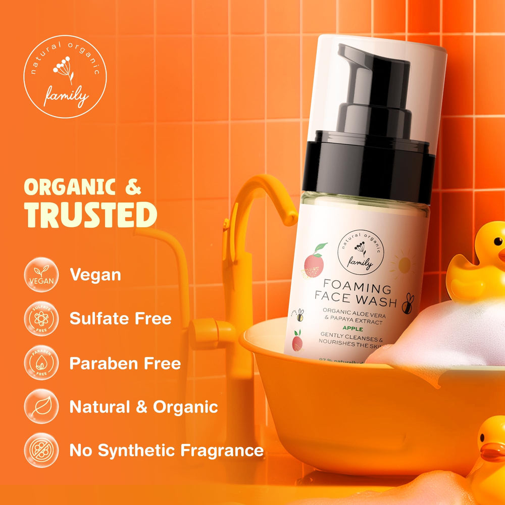 The Natural and Organic Family Kids Foaming Face Wash bottle closeup highlights nourishing papaya and aloe.