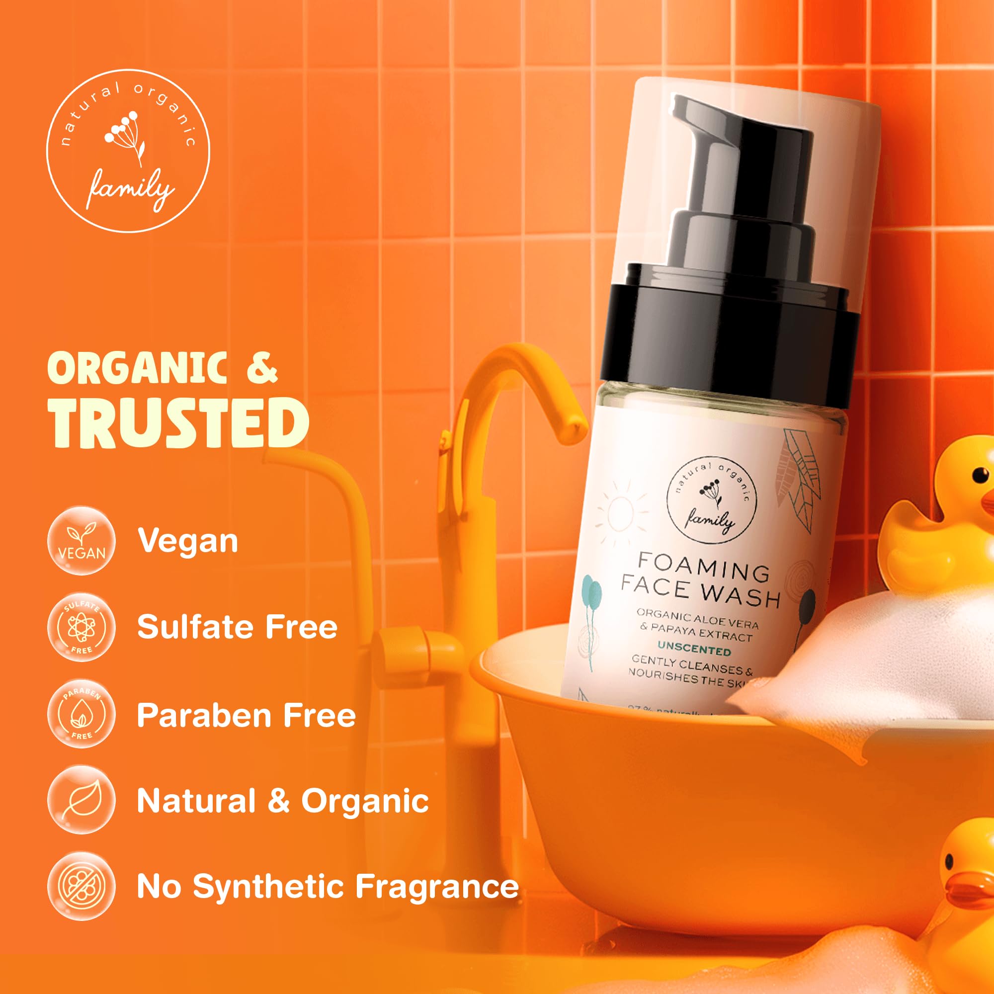 The Natural and Organic Family foaming face wash foamy lather ideal for quick kid baths.