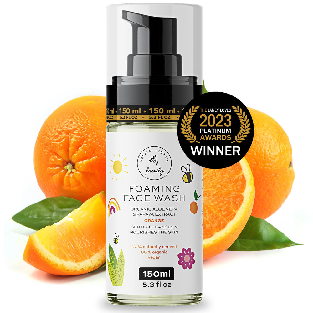 The Natural and Organic Family kids foaming face wash hero bottle delivers gentle cleansing for young skin