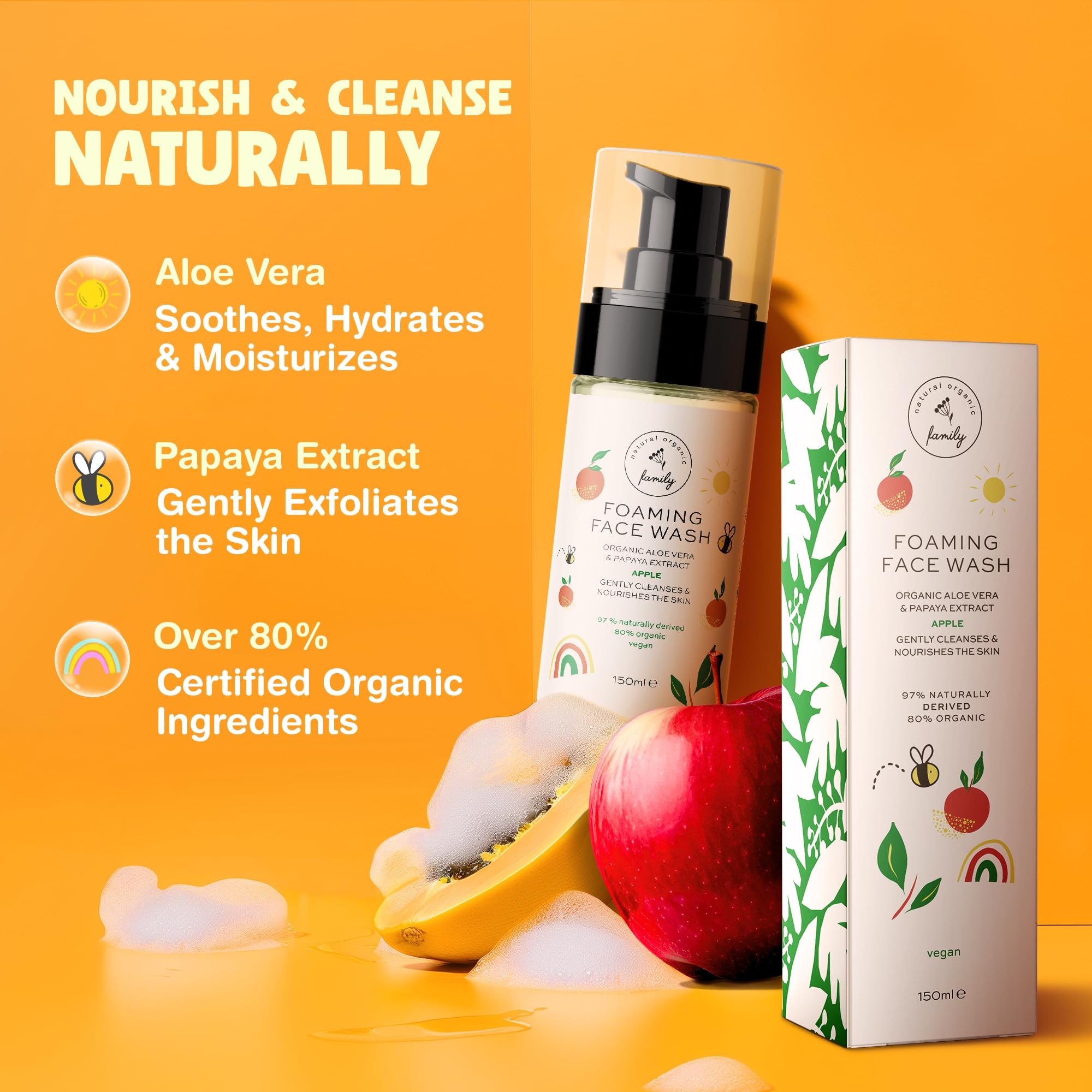 The Natural and Organic Family Kids Foaming Face Wash packaging on shelf signals organic, non-toxic formulation.