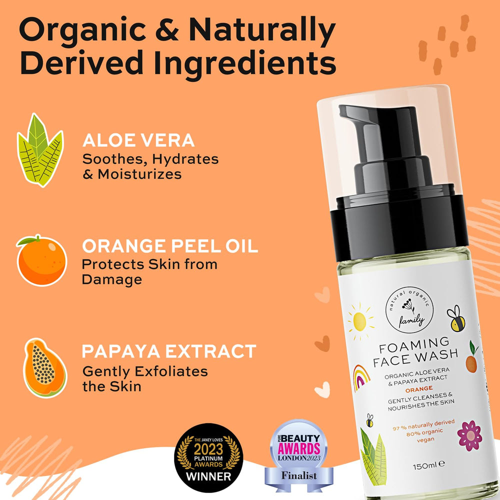 The Natural and Organic Family foaming wash with papaya extract gently cleanses skin