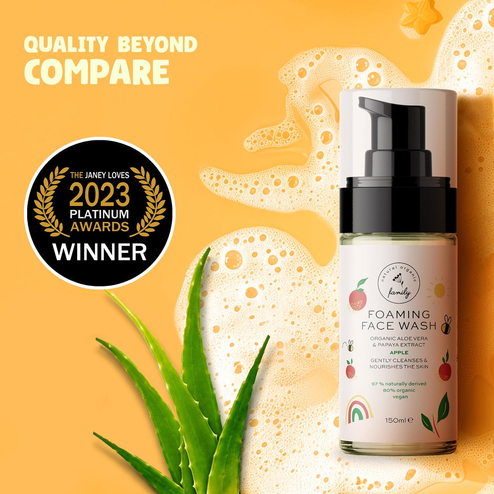 The Natural and Organic Family Kids Foaming Face Wash papaya-extract shot emphasizes exfoliating and nutrient-rich cleansing.