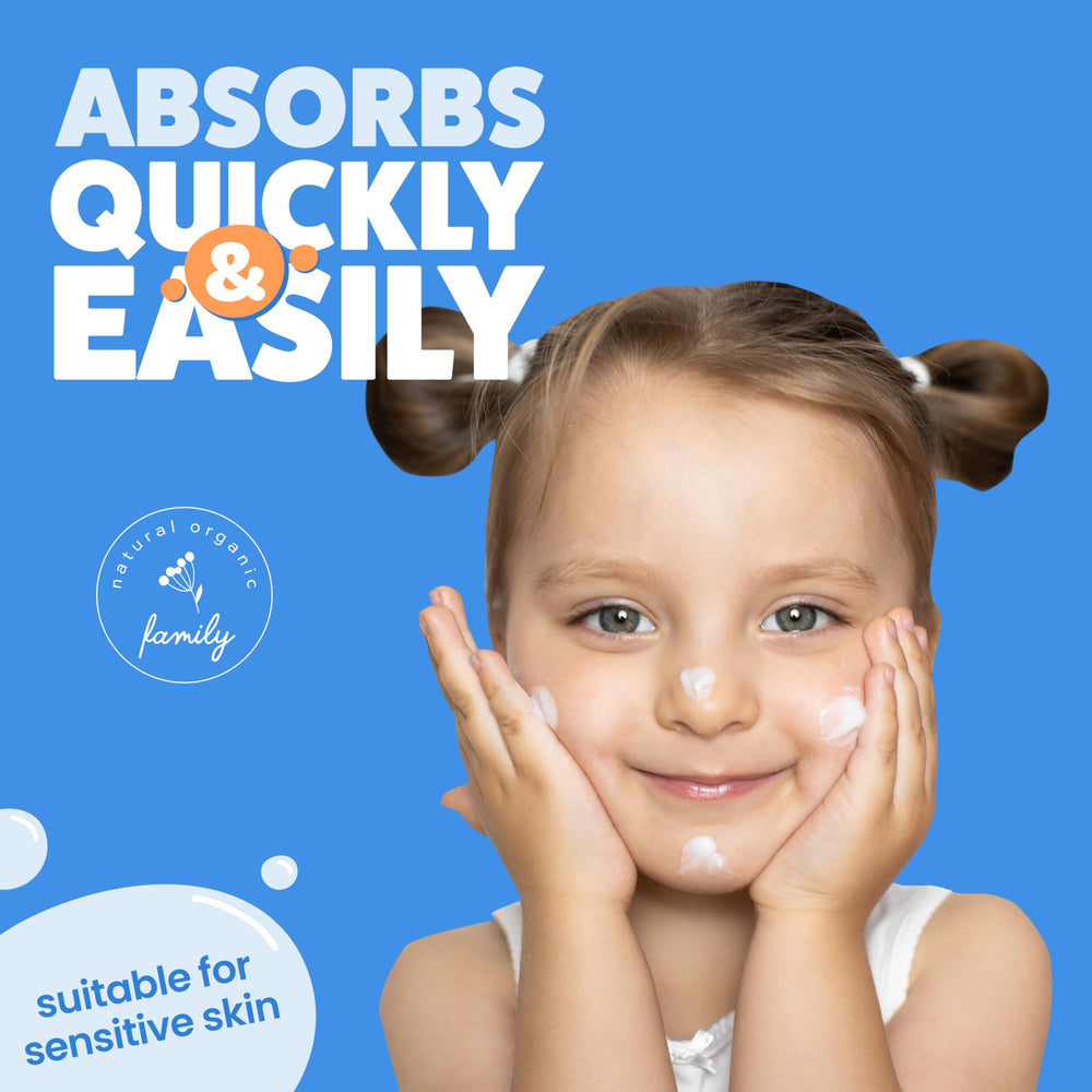 The Natural and Organic Family Kids in moisturizer image conveys gentle daily protection for delicate skin.