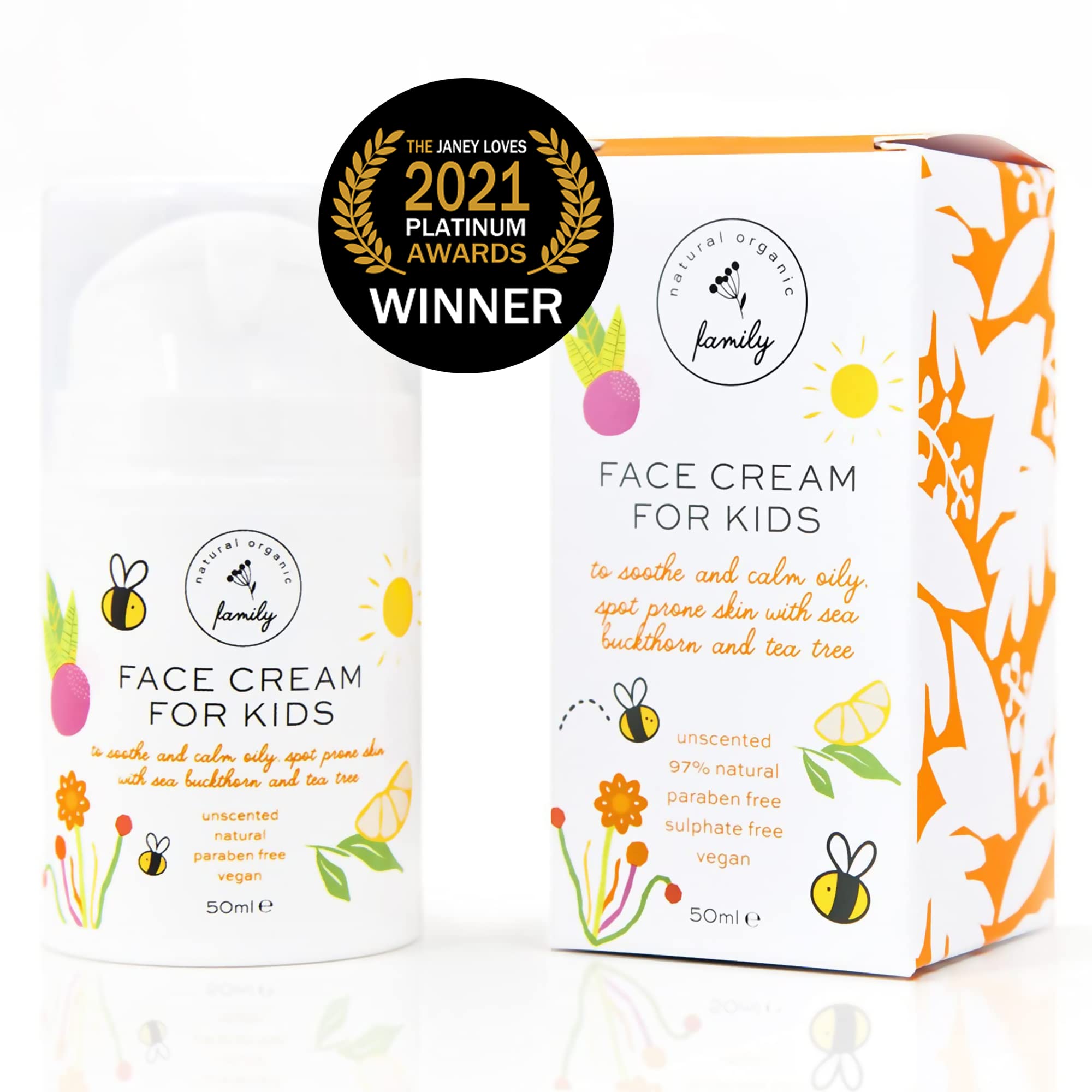 The Natural and Organic Family Packaging and ingredients focus conveys clean, safe formula for family routines.