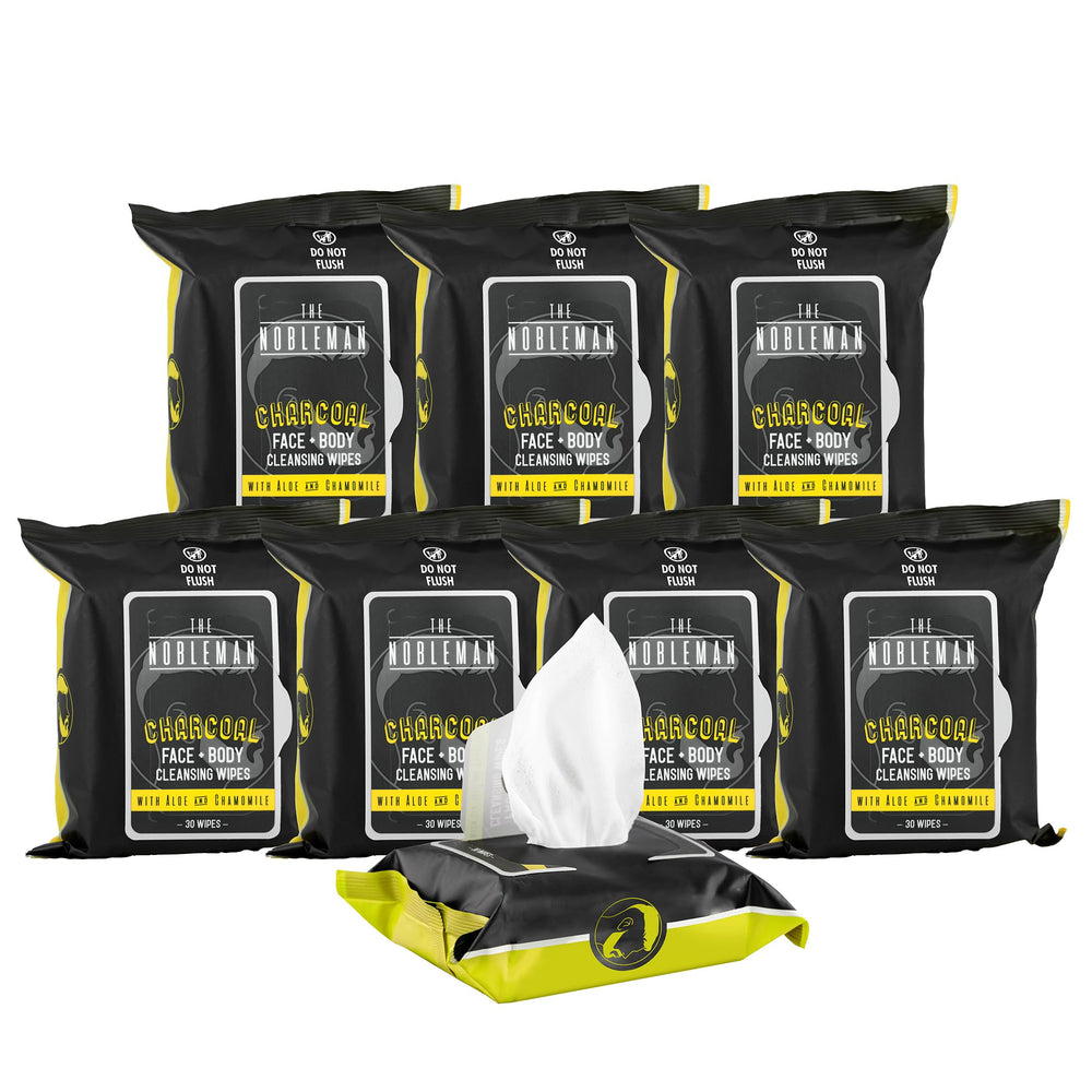 The Nobleman cleansing wipes close-up shows charcoal-infused surface for oil absorption