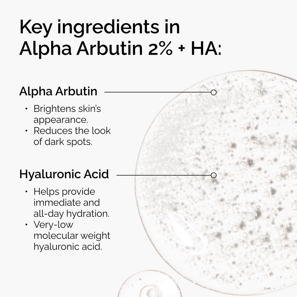 Alpha Arbutin 2% + HA dropper releasing serum for brightening and dark spots.