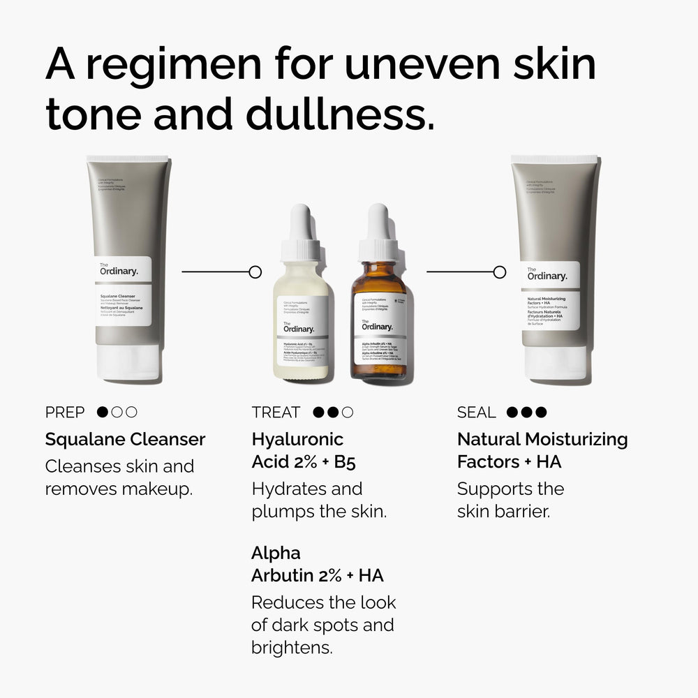 Morning and evening routine with The Ordinary Alpha Arbutin 2% + HA supports a more even complexion.