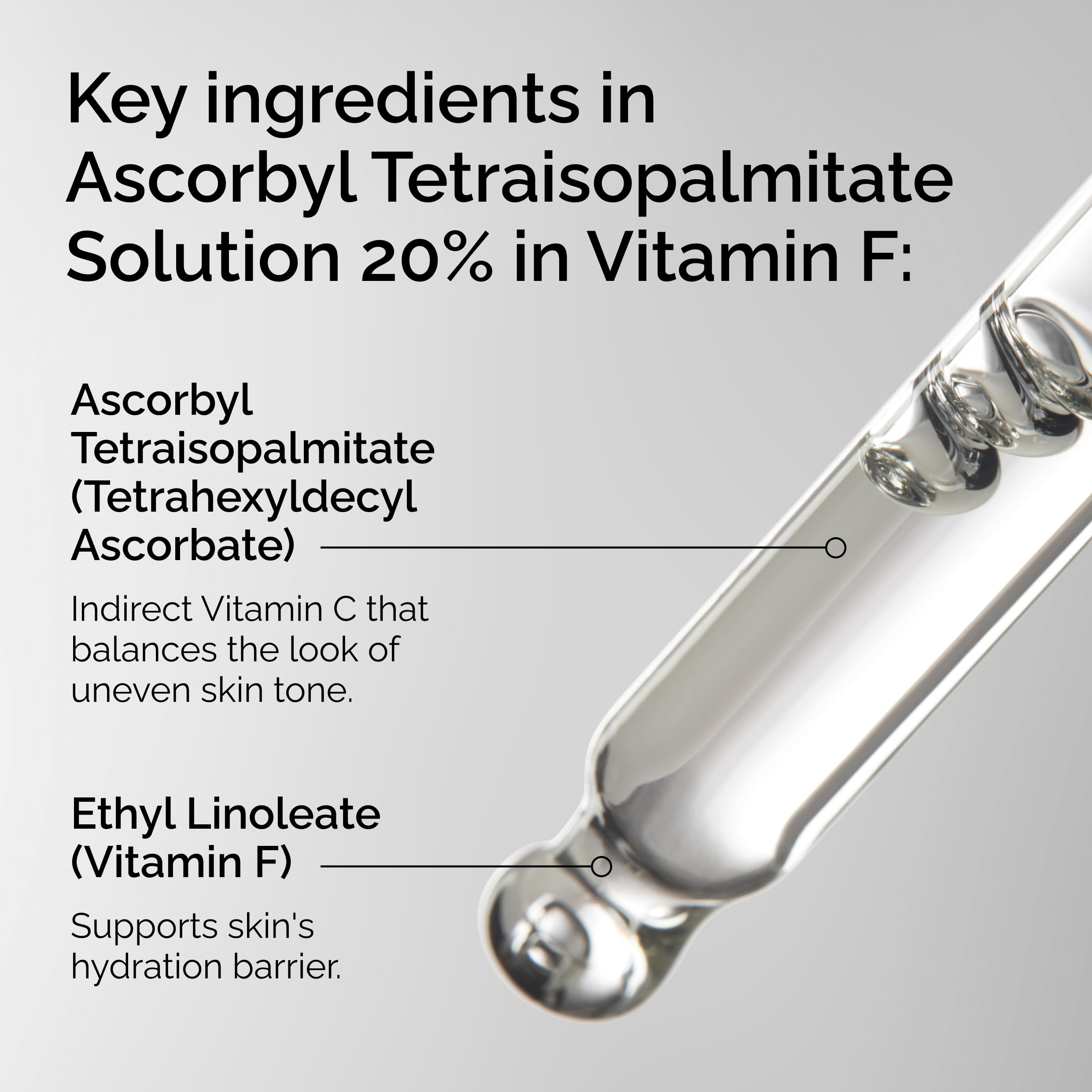 The Ordinary ascorbyl tetraisopalmitate solution dropper closeup demonstrates gentle application for daily use.