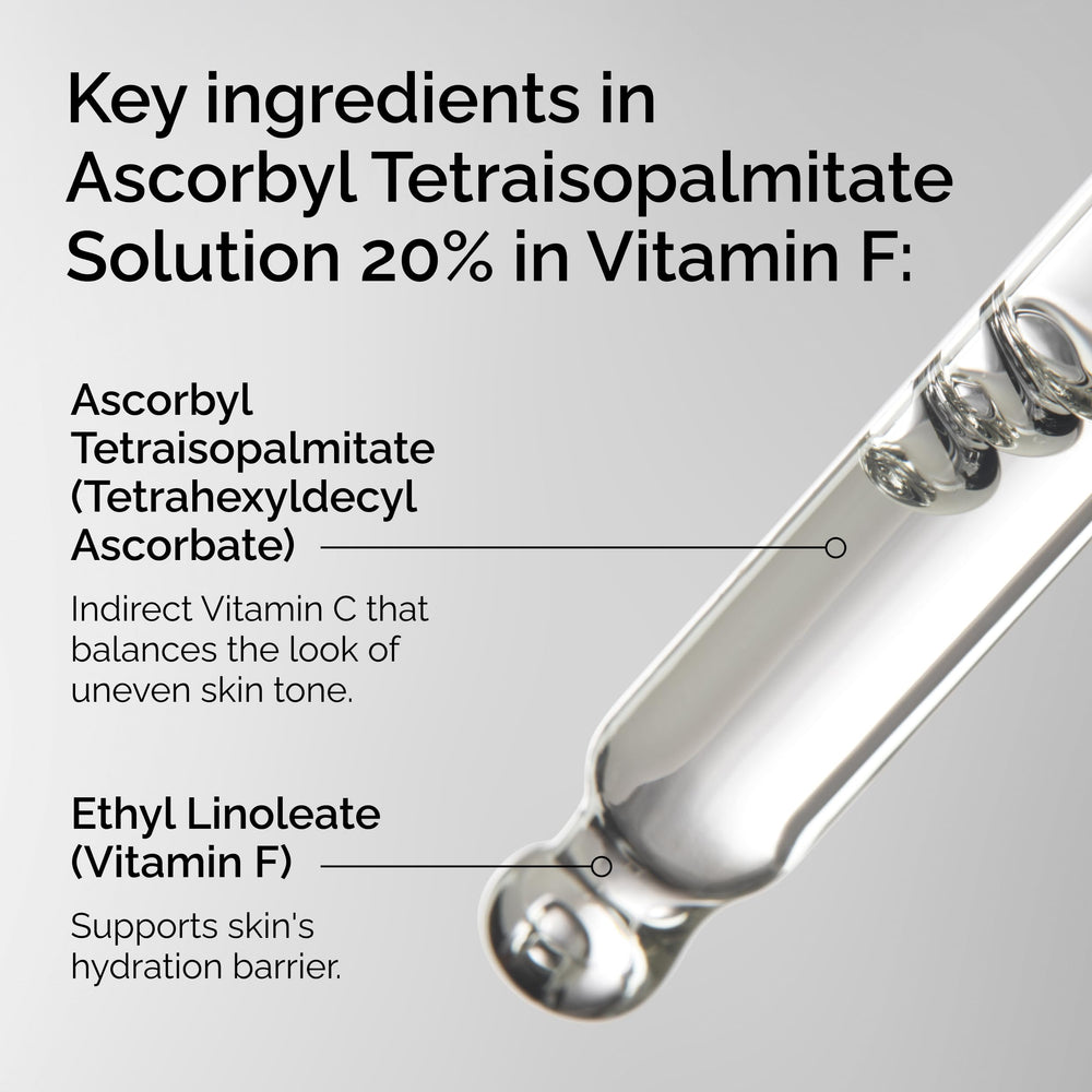 The Ordinary ascorbyl tetraisopalmitate solution dropper closeup demonstrates gentle application for daily use.