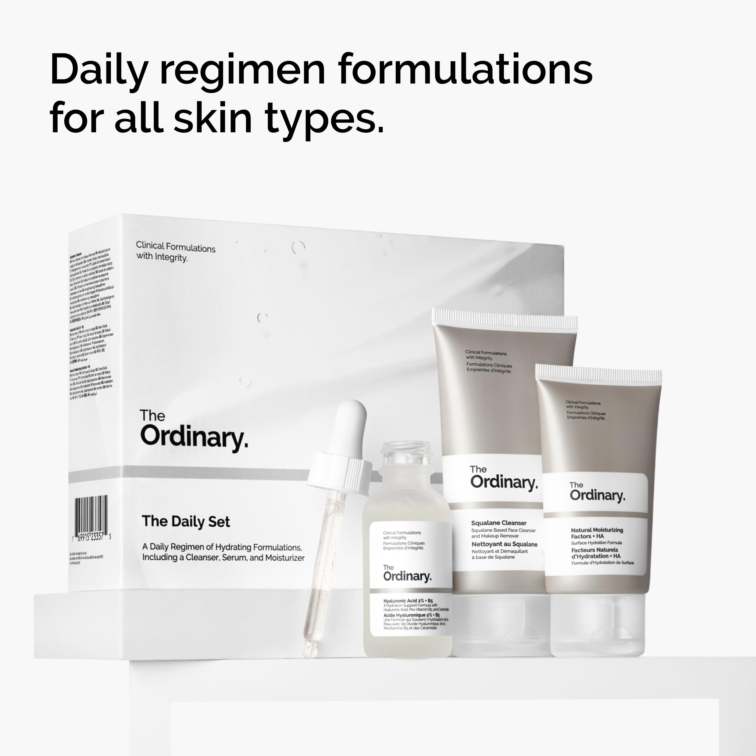 The Ordinary Daily Set Natural Moisturizing Factors + HA jar emphasizes lasting moisture.