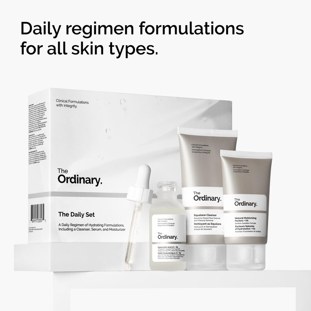The Ordinary Daily Set Natural Moisturizing Factors + HA jar emphasizes lasting moisture.