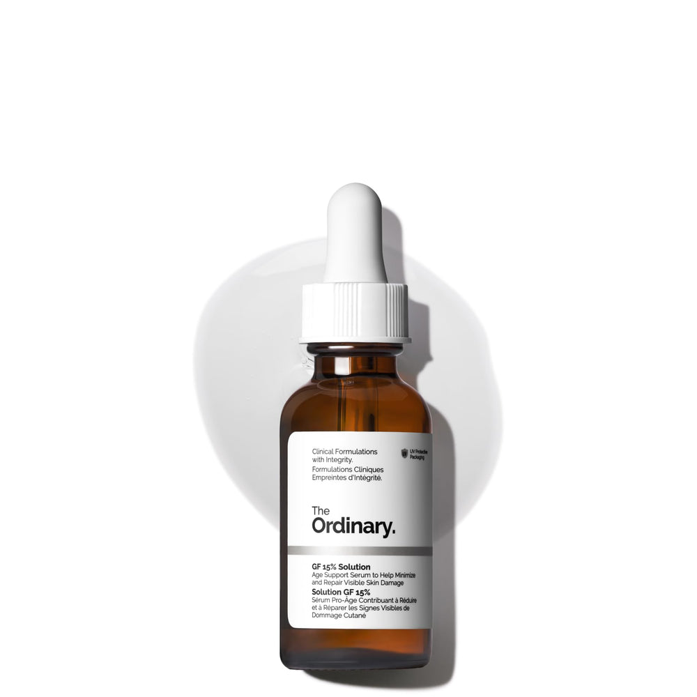 The Ordinary GF 15% Solution bottle close-up showing anti-aging formula for skin renewal.