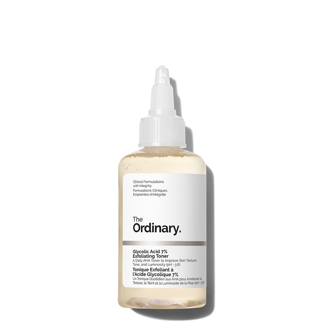 The Ordinary Glycolic Acid 7% Toner bottle close-up for brightening and even tone.