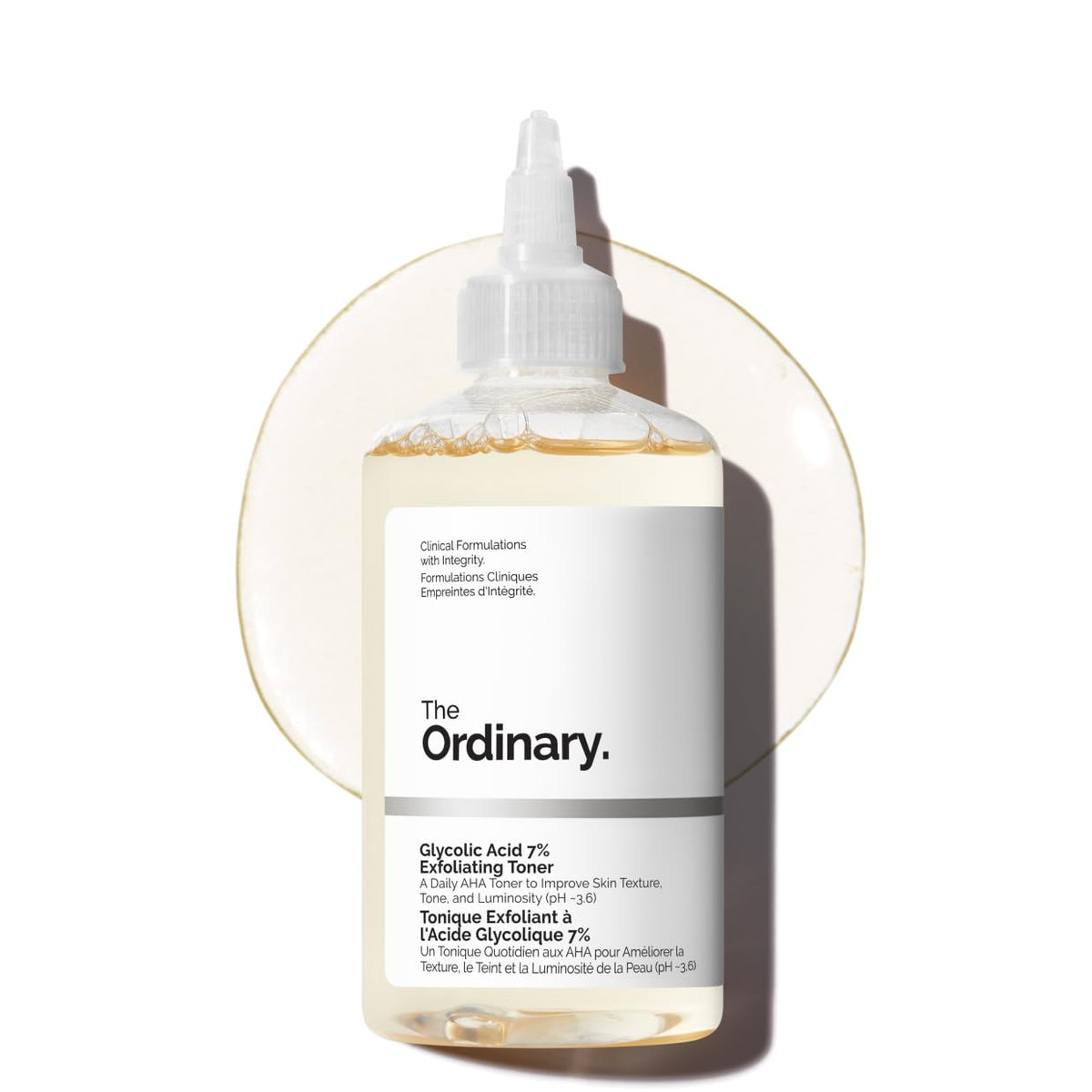 The Ordinary Glycolic Acid 7% Toner bottle shows brightening exfoliation for smoother skin.