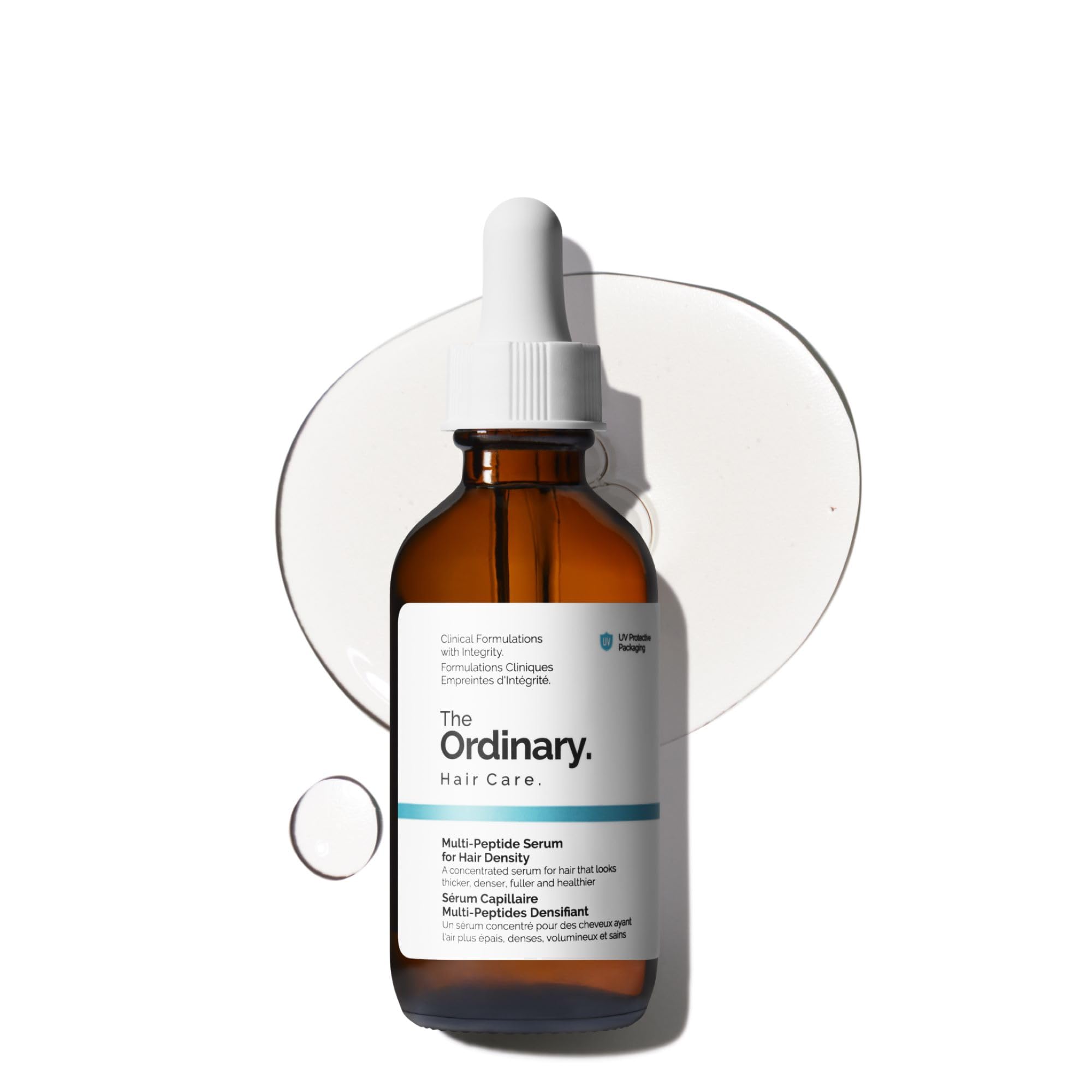 The Ordinary Hair Density Serum bottle on display highlighting peptide-powered care for fuller-looking hair.