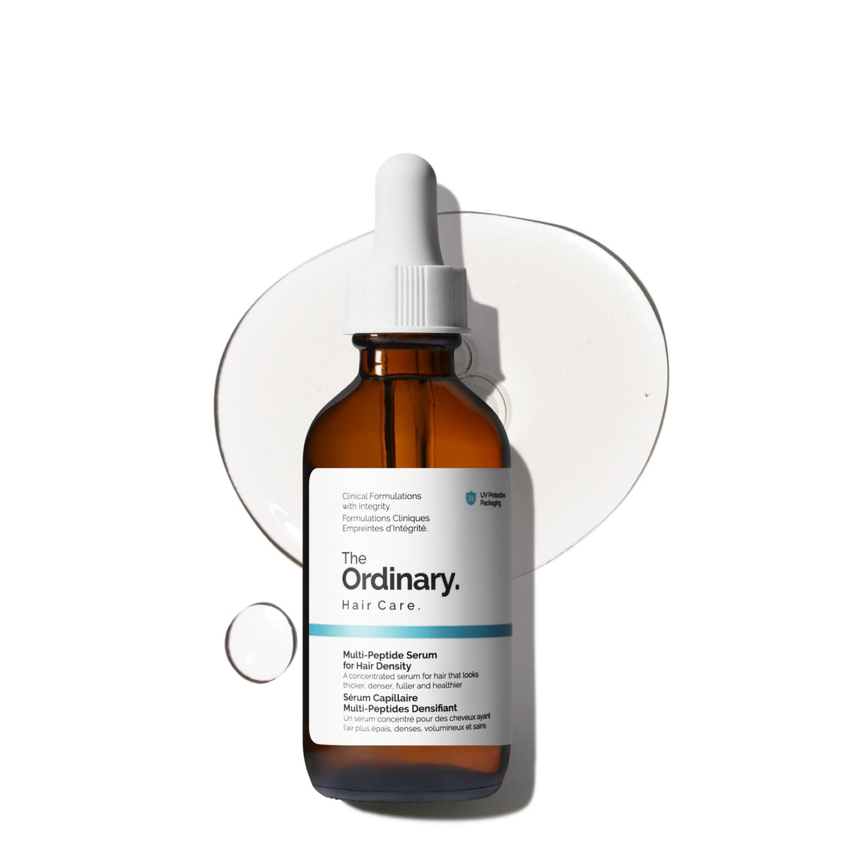 The Ordinary Hair Density Serum bottle on display highlighting peptide-powered care for fuller-looking hair.