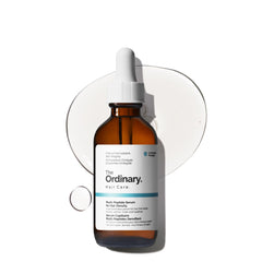 The Ordinary Hair Density Serum bottle on display highlighting peptide-powered care for fuller-looking hair.