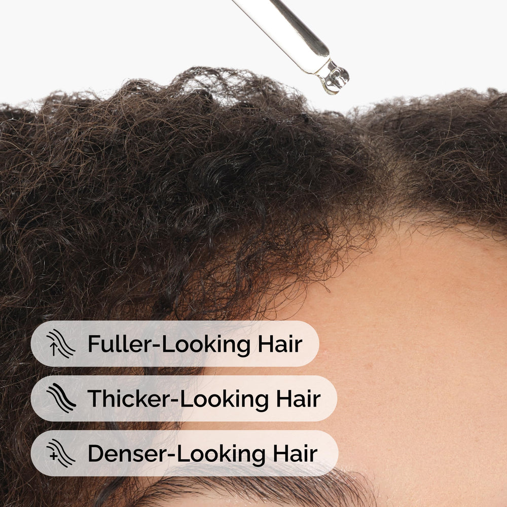 Serum applied on scalp with visible hair strands for a thicker appearance.