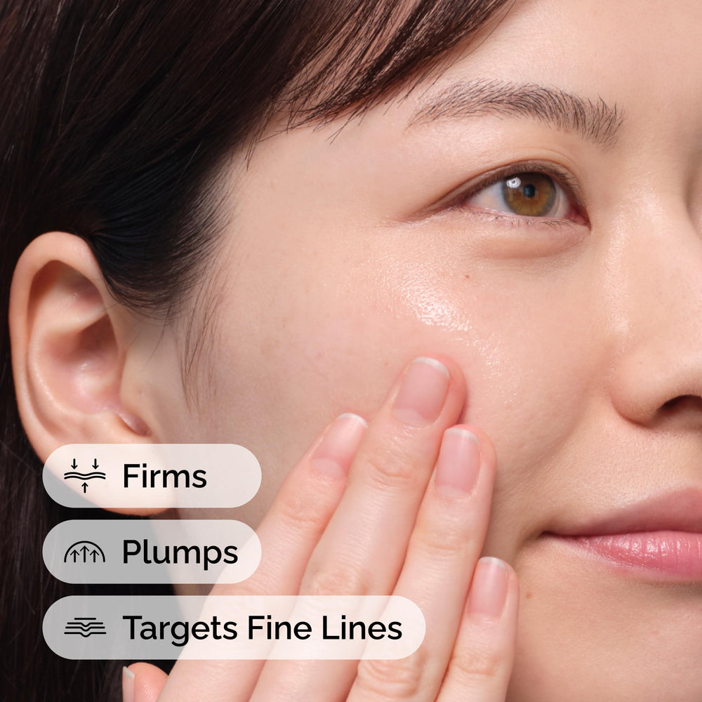 Hydration focus with serum drop suggesting dewy skin.