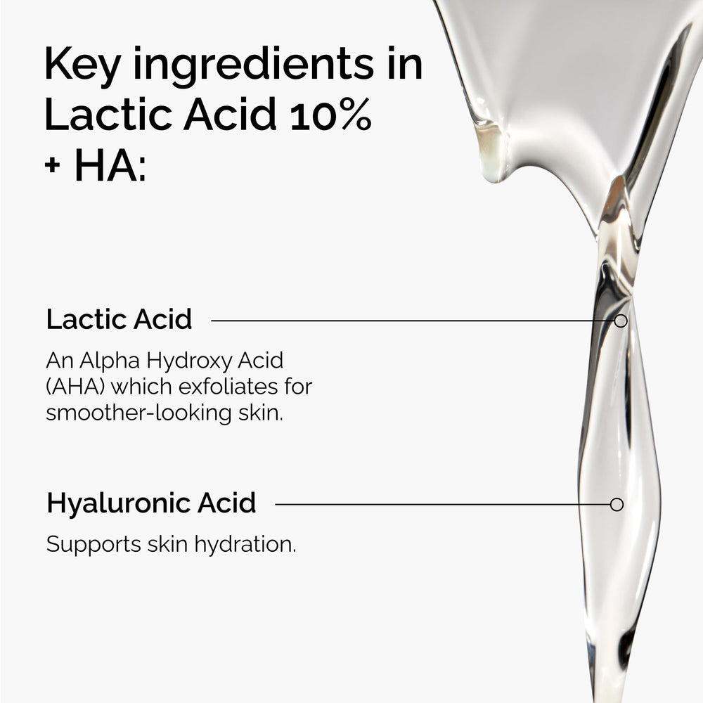 The Ordinary Lactic Acid 10% + HA 2% label close up for exfoliation.