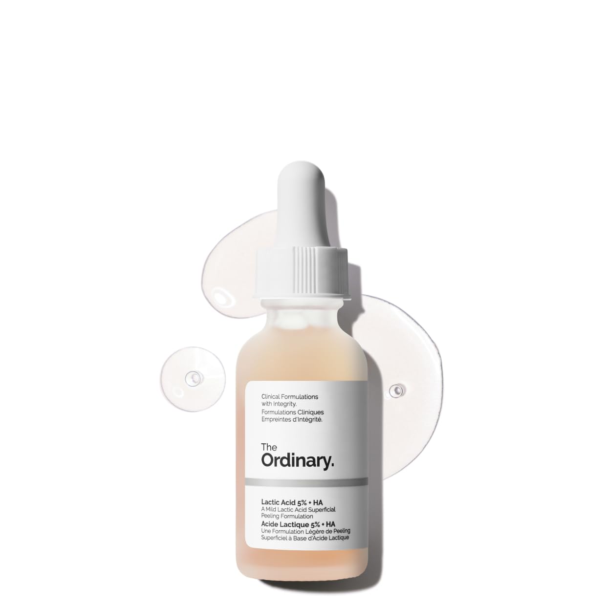 The Ordinary Lactic Acid 5% + HA bottle closeup highlights gentle exfoliation for smoother skin.