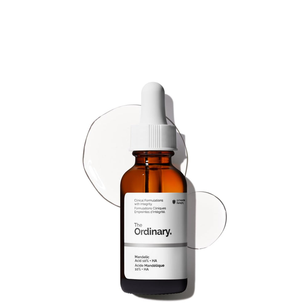 The Ordinary Mandelic Acid 10% + HA bottle pour for controlled exfoliation and hydration.