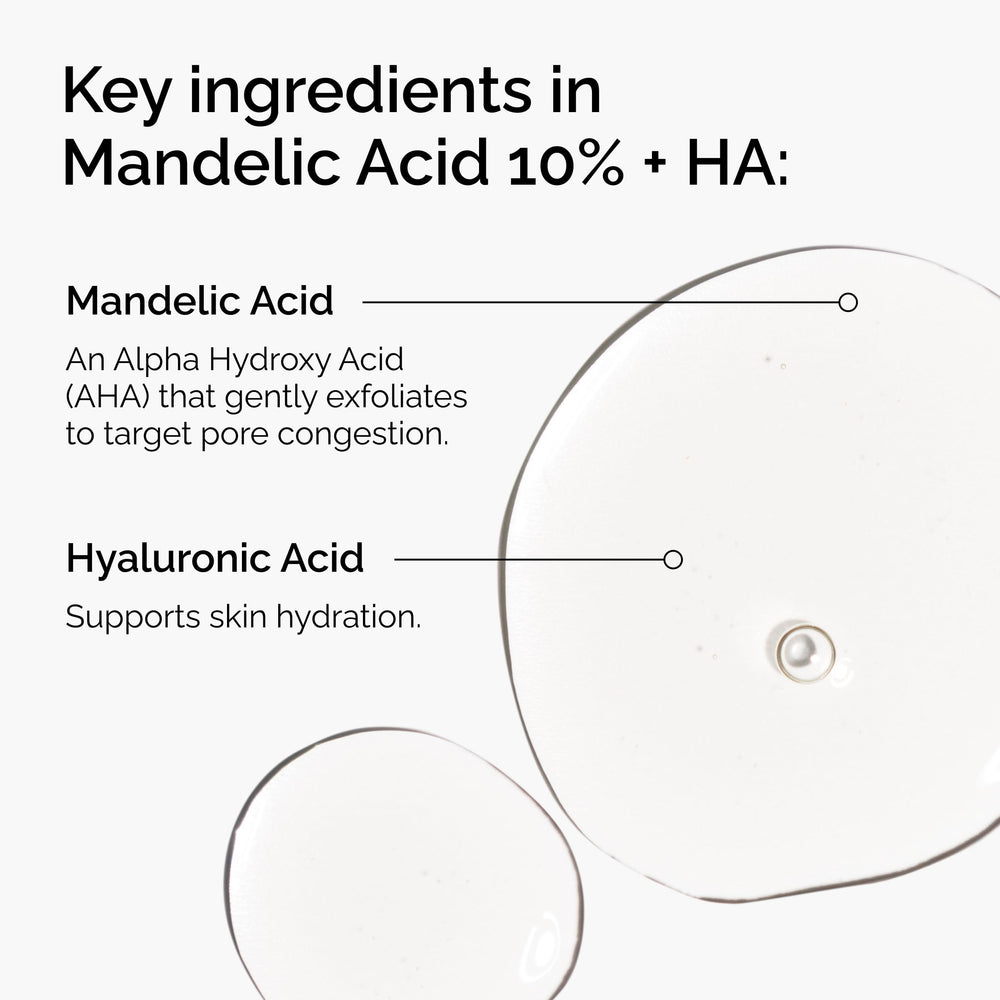 The Ordinary Mandelic Acid 10% + HA serum label close-up highlighting gentle exfoliation.