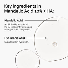 The Ordinary Mandelic Acid 10% + HA serum label close-up highlighting gentle exfoliation.