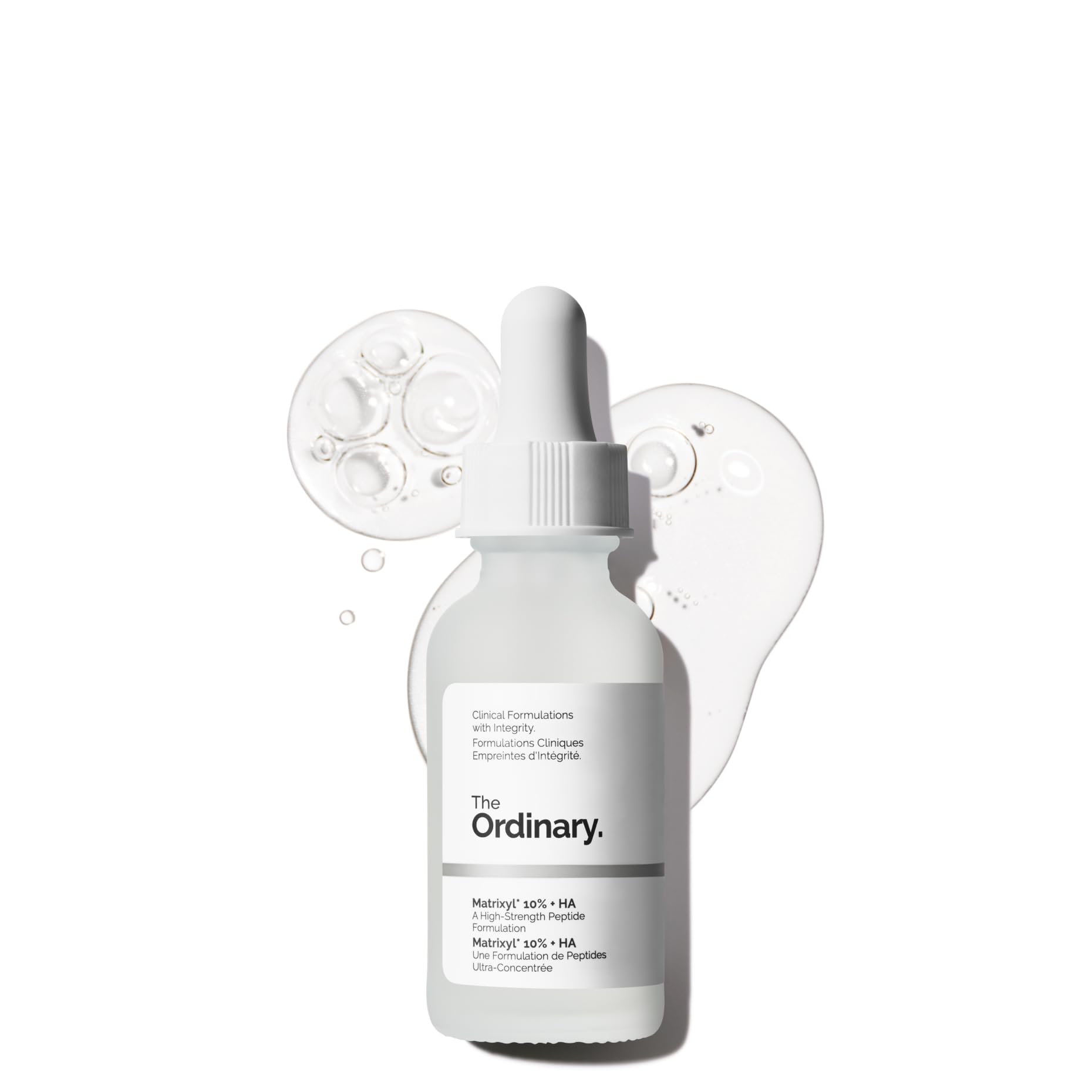 The Ordinary Matrixyl 10% + HA serum bottle close-up highlighting firming hydration.